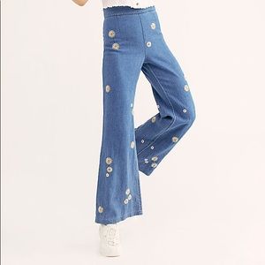 Free People Embroidered Daisy Wide Leg Jeans